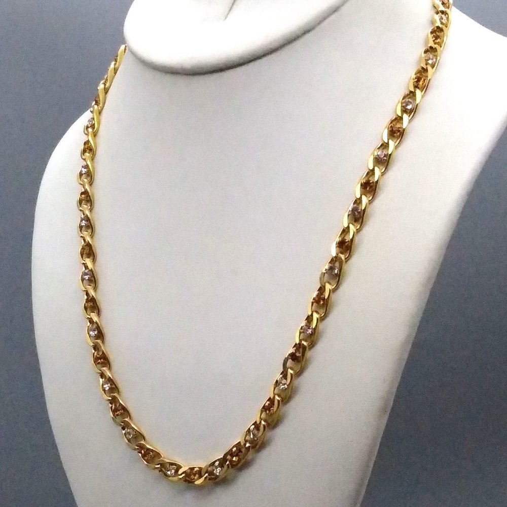 Vintage Curb Link Chain Necklace with Clear and Topaz Crystals, Gold Tone Classi